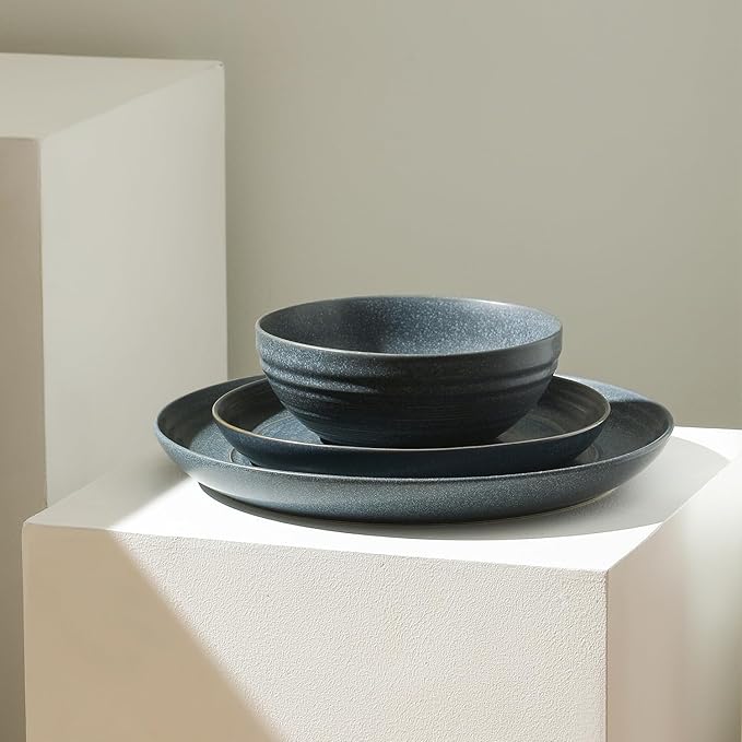 Stone Lain Elio 12-Piece Dinnerware Set Stoneware Plates and Bowls Set Dish Set for 4 Blue