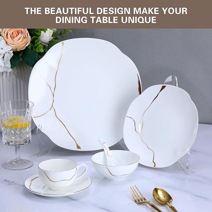 24 Piece White Porcelain Dinnerware set for 4Plates and Bowls Sets With Gold Rim and gold accentsHighly Chip and Crack Resistant | Dishwasher Safe Dishes Set