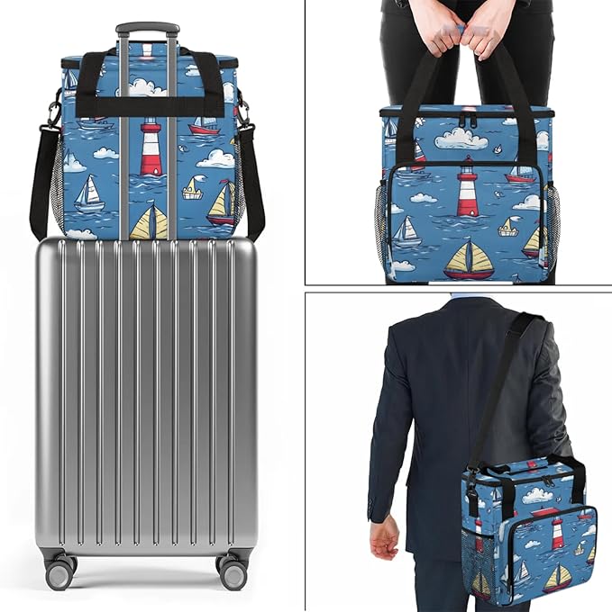Cartoon Ocean Ship Coffee Maker Travel Bag for Keurig K-Mini/K-Mini Plus Insulated Waterproof Tote with Pockets for K-Cup Portable Single-Serve Brewer Case