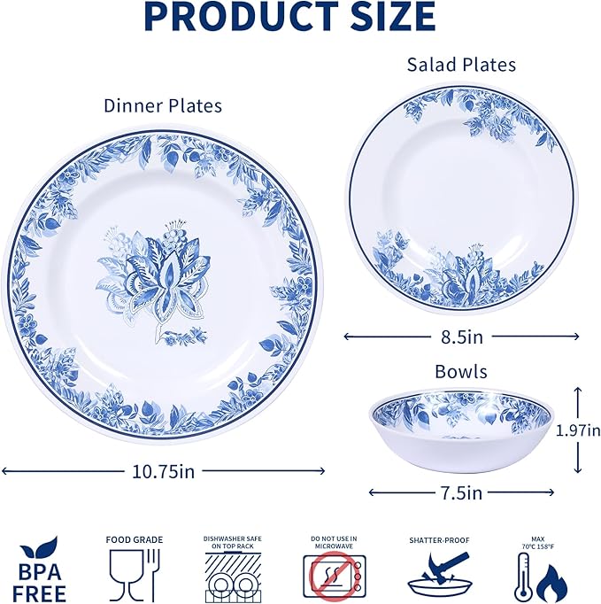 Melamine Dinnerware Sets-12pcs Floral Dinnerware Set Service for 4 Blue White Plates and Bowls Sets Dishwasher Safe Break-resistant Outdoor Camping Picnics Use Reusable Traditional Flower