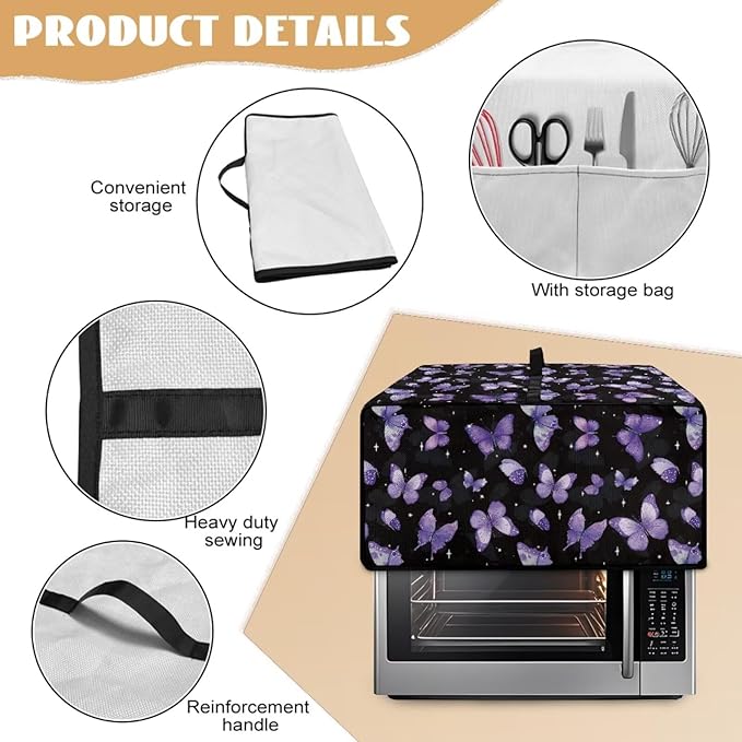 Butterfly Print Toaster Oven Air Fryer Cover for Kitchen Counter Decorative Wide Slot Bread Machine Covers Dustproof Washable Toaster Oven Cover Kitchen Small Appliance Covers Black