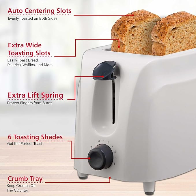 Cool Touch 2-Slice Toaster with 6 Browning Settings Auto-Centering Guides Crumb Tray &amp High Lift – White Compact Toaster for Bread Pastries and Waffles
