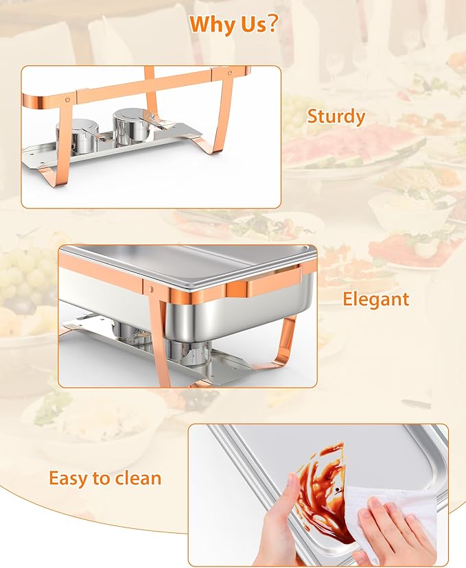 Commercial 8QT Chafing Dish Buffet Set - 2 Pack Rectangular Stainless Steel Food Warmers with Lid Holder Folding Frame Rose Gold Finish for Catering Party Restaurant Use 2-Piece Set