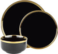 Godinger Dinnerware Set Dinner Plate Salad/Appetizer Plate and Soup/Cereal Bowl 12 Piece Set Black and Gold Stoneware