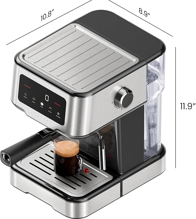 Chefman CraftBrew Espresso Machine 15-Bar Pump Digital Espresso Maker w/Steam Wand for Latte &amp Cappuccino Compact Espresso Coffee Machine w/ 1.5L Removable Water Reservoir - Stainless Steel