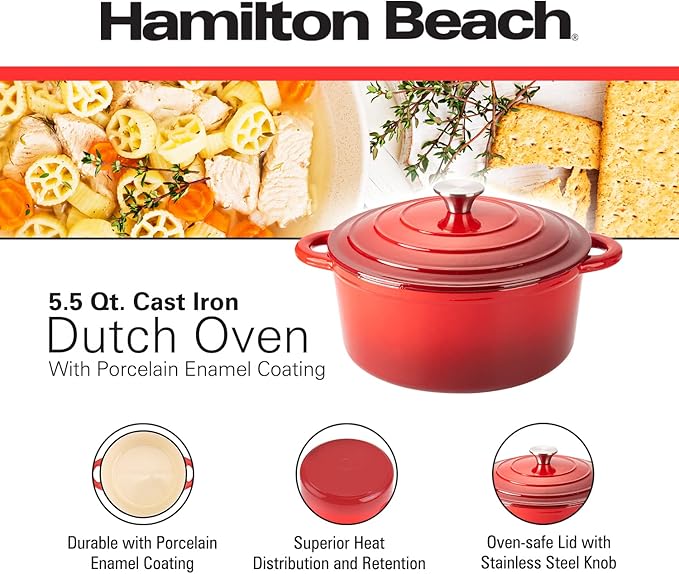 Hamilton Beach Enameled Cast Iron Dutch Oven 5.5-Quart Red Cream Enamel Dutch Oven Pot with Lid