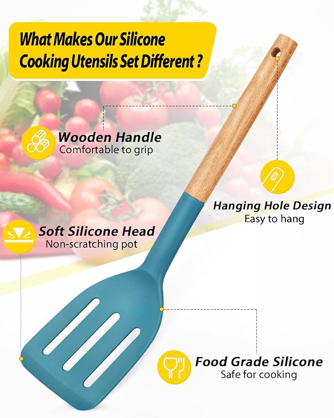 Pack of 4 Silicone Cooking Utensils Set Non Stick Solid Spatulas and Heat Resistant Slotted Spoons with Wooden Handle Ideal Wood Kitchen Utensils Set for FryingServingTurningStirring (BLUE)