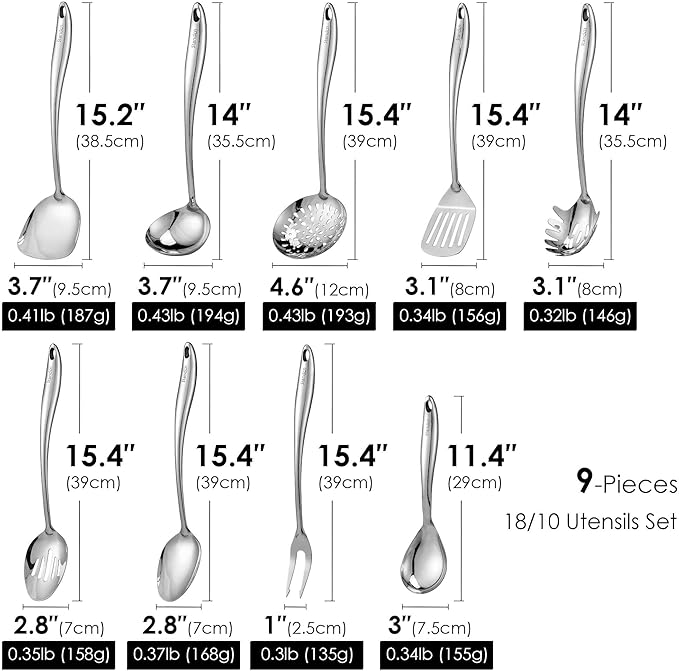 304 Stainless Steel Kitchen Utensil Set - 9 PCS Serving Utensils Cooking Utensil Solid Spoon Slotted Spoon Fork Spatula Ladle Skimmer Spoon Slotted Spatula Tunner Spaghetti Spoon Large Spoon