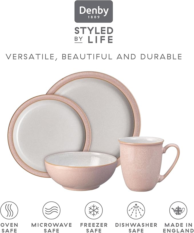 Denby - Elements Sorbet Pink Dinner Set For 1-4 Piece Ceramic Tableware - Dishwasher Microwave Safe Crockery Single Place Setting - 1 x Dinner Plate 1 x Small Plate 1 x Cereal Bowl 1 x Coffee Mug