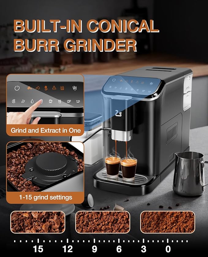 Fully Automatic Espresso Machine - 20 Bar Professional Coffee Maker with PID Temperature Control Built-In Grinder &amp Milk Frother 1.5L Tank 5 Coffee Options Touch Display Black