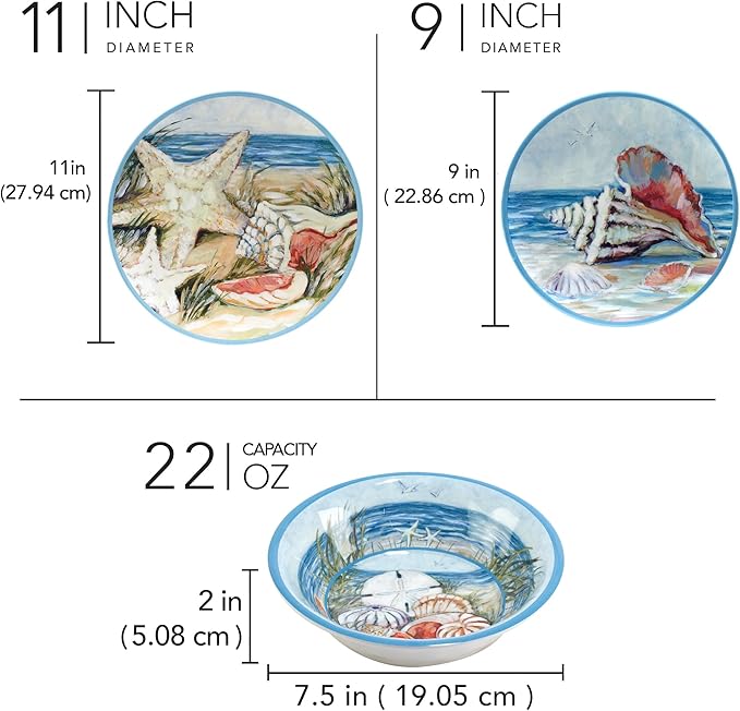 Seacoast Melamine 12 Piece Dinnerware Set – Coastal Beach-Themed Plates and Bowls Service for 4 with Shell and Ocean Art Break-Resistant BPA-Free Reusable Dinnerware Dishwasher Safe Indoor/Outdoor