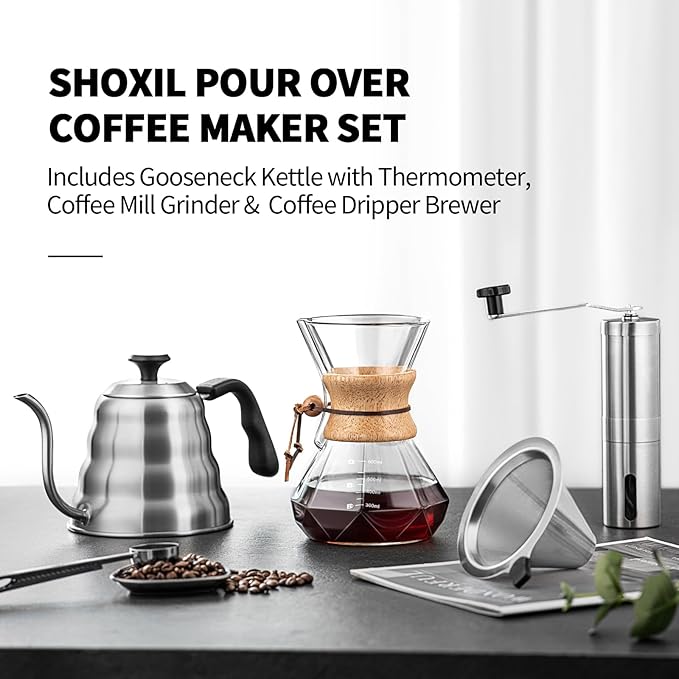 Pour Over Coffee Maker Set – 40oz Gooseneck Kettle with Thermometer Coffee Grinder &amp 20oz Drip Coffee Maker – Stainless Steel Pour Over Coffee Set