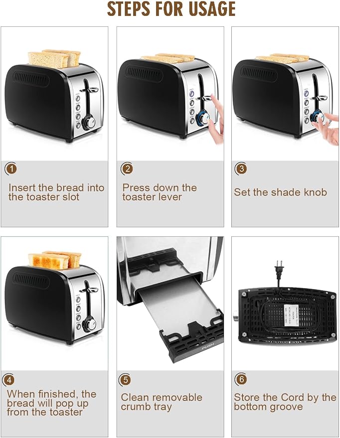 Toaster 2 Slices Stainless Steel JEWJIO Retro Toaster with 1.5 Extra Wide Slot for 6 Bread Shades Setting/Bagel/Defrost/Reheat/Cancel Function/Removable Crumb Tray 800W Matte Black