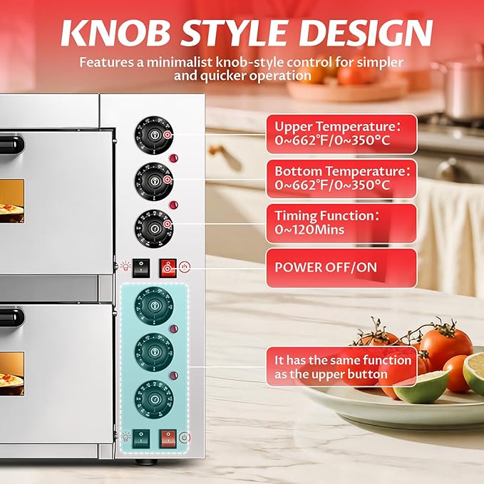 Double Deck Commercial Pizza Oven 16 Inch Countertop Electric Pizza Oven with Pizza Stone Max Temperature Up to 662°F Stainless Steel Fast Baking Pizza Maker 2800W Energy Efficient Easy to Clean
