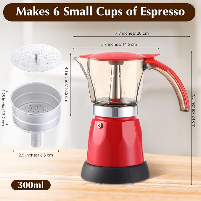 Electric Espresso Maker Transparent Coffee Maker Electric Moka Pot Portable Aluminum Espresso Machine Italian Moka Pot with Detachable Base Coffee Gift for Women Men Home Travel(Red6 Cup)