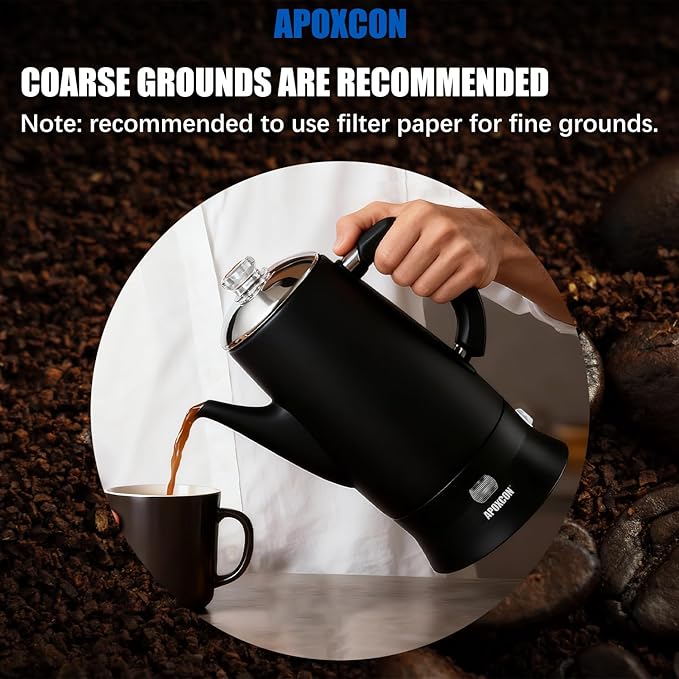 Electric Coffee Percolator Stainless Steel Coffee Maker with Clear Brew Progress Tough Glass Knob Keep Warm On/OFF Switch Cordless Serve Classic Coffee Pot No Aluminum Black 12 Cup