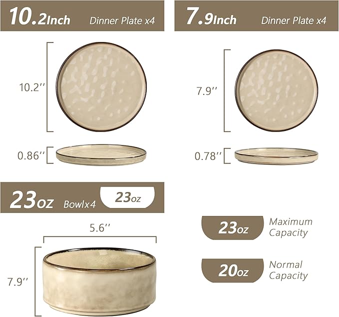 Vesteel Dinnerware Sets 12-Piece Stoneware Plates and Bowls Set Dishes Set for 4 Elegant Ceramic Dinnerware for Home Restaurant - Khaki