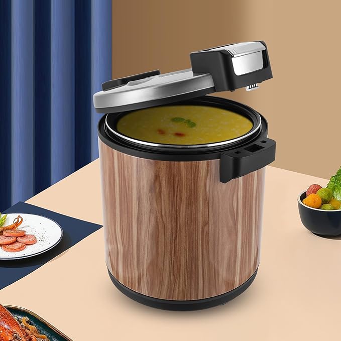 6-Gal Electric Rice Warmer Food Warmer with Rice Spoon - Stainless Steel &amp Aluminum Alloy Construction Dual Temp Settings Wood Grain Design Rice Cooker - Easy Clean &amp One-Touch Operation