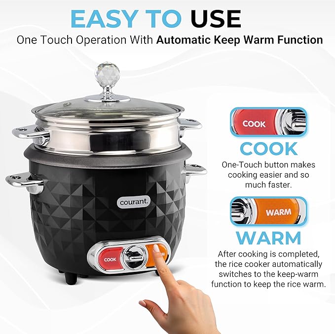 Courant 10-Cup (Cooked) / 5-Cup Uncooked Rice Cooker and Steamer with One-Touch Operation Automatic Keep Warm Function and Chrome Accents Black