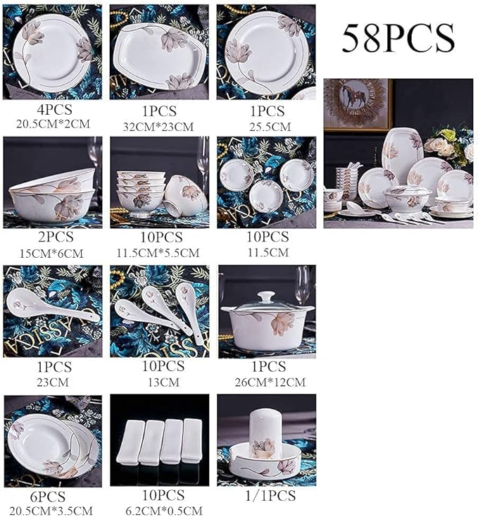 Porcelain Dinnerware Set Line Drawing Petal Decoration Bone China Tableware SetDishes/PlateCeramic DinnerFine China DinnerwareDishwasher Microwave SafeA58 Pieces Serve 10 People