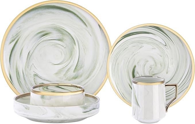 Fine China Artisan Marbled 20pc Dinner Set Green with Gold Line