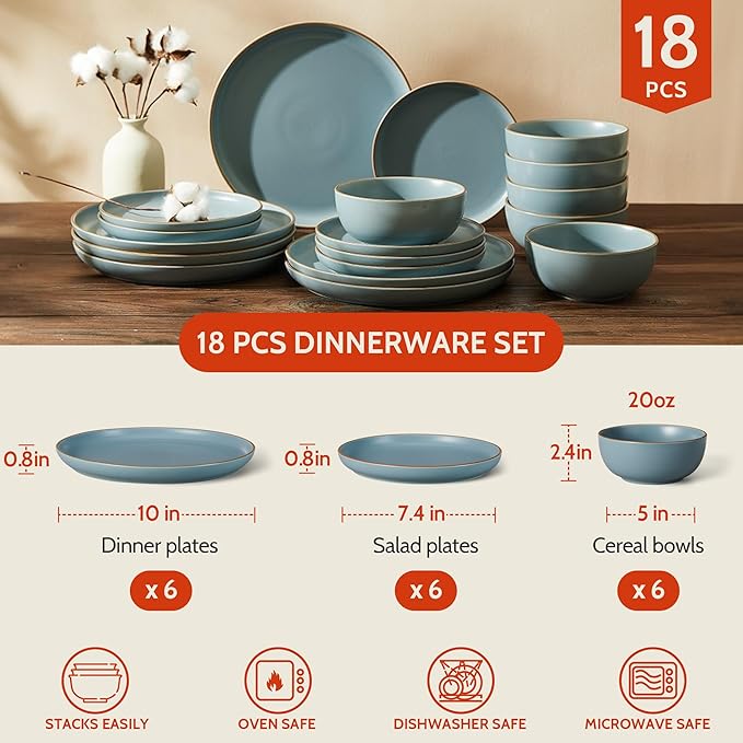 Sweese Dinnerware Sets Service for 6 18 pcs Matte Glaze Plates and Bowls Sets Handmade Porcelain Dish Set Highly Chip and Crack Resistant Modern Dinner Set Dark Blue