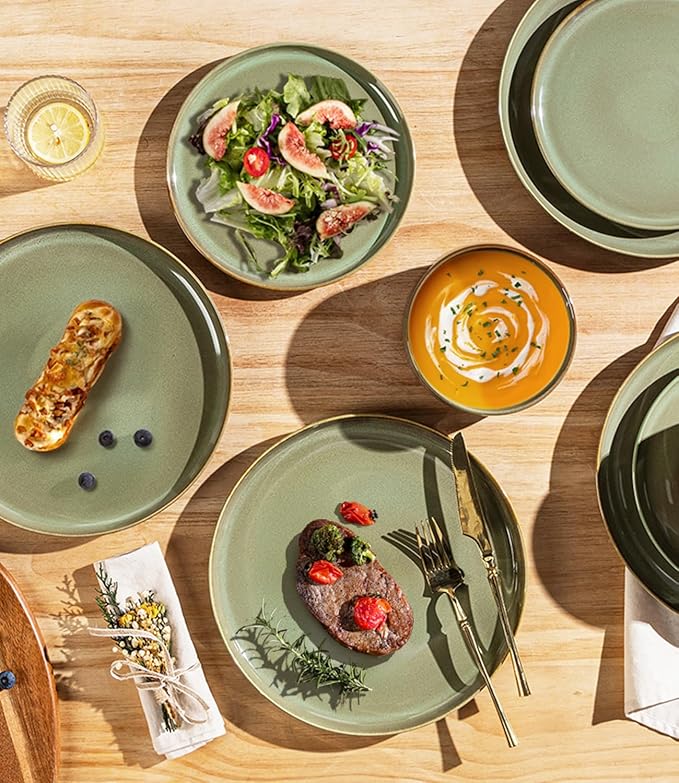 TheTerra Ceramic Dinnerware Sets with Pasta Bowls for 4 16 Pieces Porcelain Lightweight Plates and Bowls Sets Scratch Resistant Dish Set Oven &amp Microwave &amp Dishwasher Safe Sage Umber