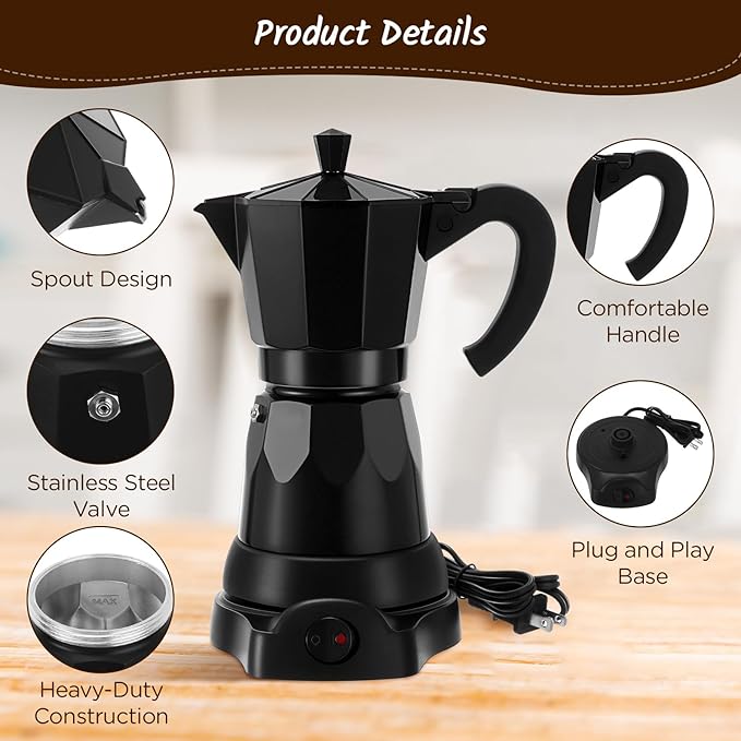 Coffee Pot 6 Cup Electric Espresso Coffee Maker Italian Moka Maker 300ml Portable Aluminum Espresso Machine Cafetera Moka Pot with Detachable Base Gift for Home Travel(Black)