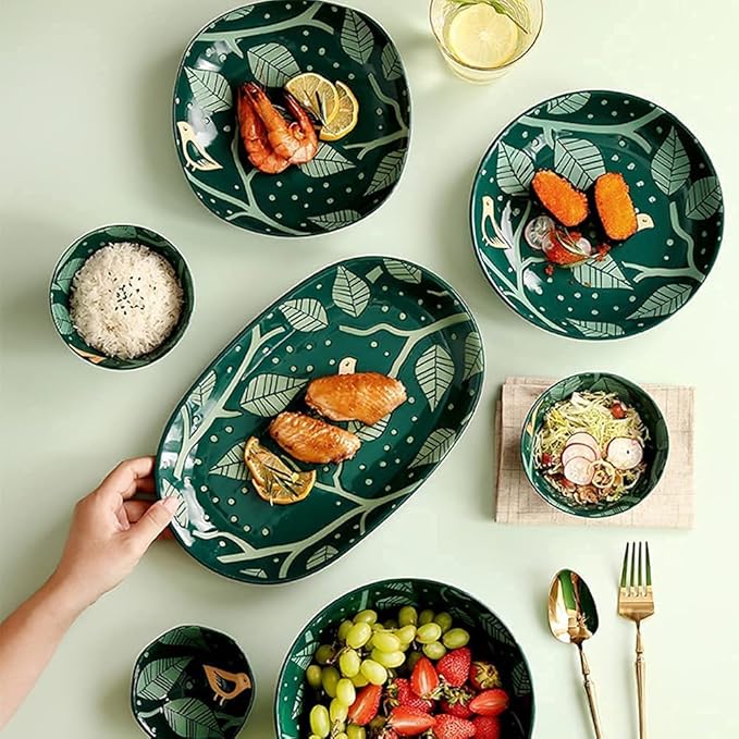 22 Pcs Dinnerware Sets European Style Porcelain Tableware Set With Plates And Bowls Green Golden Ceramic Dinner Set For Home Kitchen