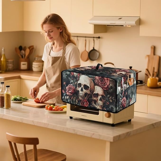 Skull Rose Printed Bread Maker Cover Heavy Duty Toaster Oven Air Fryer Cover for Kitchen Counter Anti Dust Toaster Oven Dust Covers with Accessory Pockets Green
