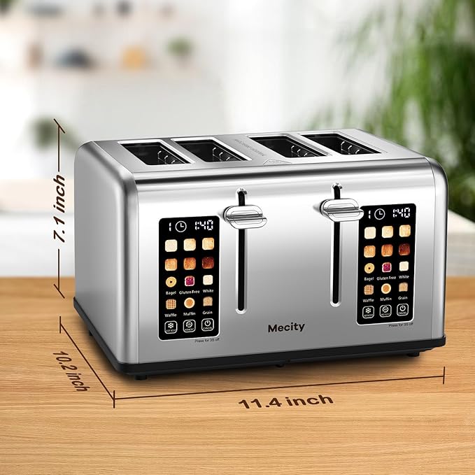 Mecity 4 Slice Toaster with Touch Screen Control 4 Wide Slots Stainless Steel Smart Bread Toaster for Bagels Muffins Waffles Dual Control Panel Timer Defrost Reheat 120V 1650W