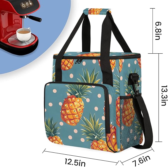 Pineapples Dots Coffee Maker Travel Bag for Keurig K-Mini/K-Mini Plus Insulated Waterproof Tote with Pockets for K-Cup Portable Single-Serve Brewer Case
