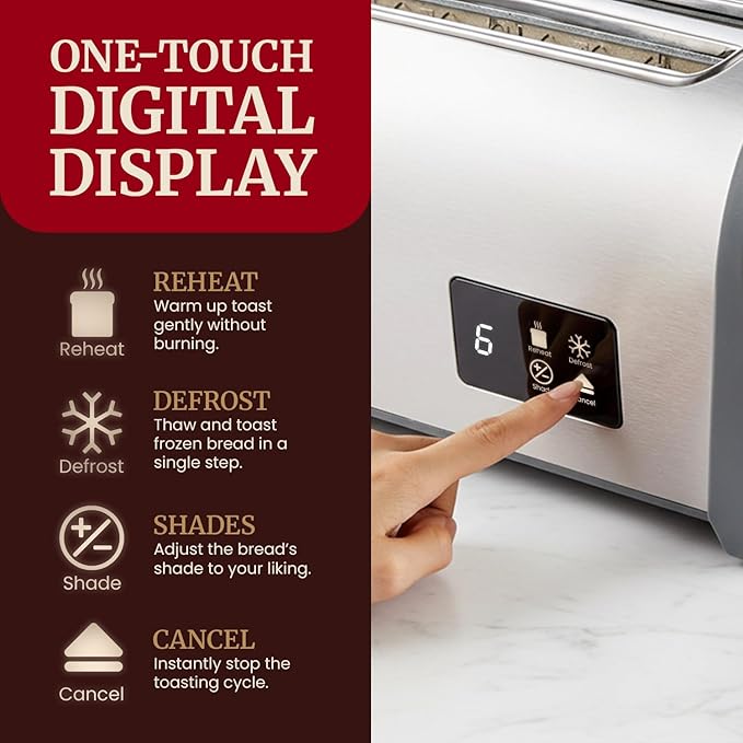Elite Gourmet Digital Long Slot 4-Slice Toaster – Touch Screen LED Display Extra Wide 1.5” Slots for Artisan &amp Bagel Bread 6 Browning Levels Defrost &amp Reheat Stainless Steel Modern Design