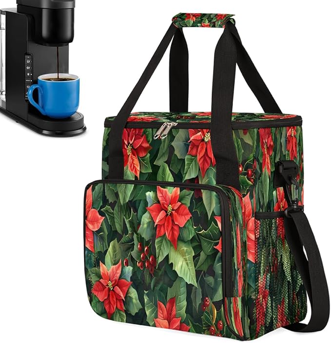 Christmas (617) Coffee Maker Carring Bag Travel Carrying Storage Tote Bag Compatible with Keurig K-Mini or K-Mini Plus Portable Single Serve Coffee Brewer Case with Pockets for K-cup Pods