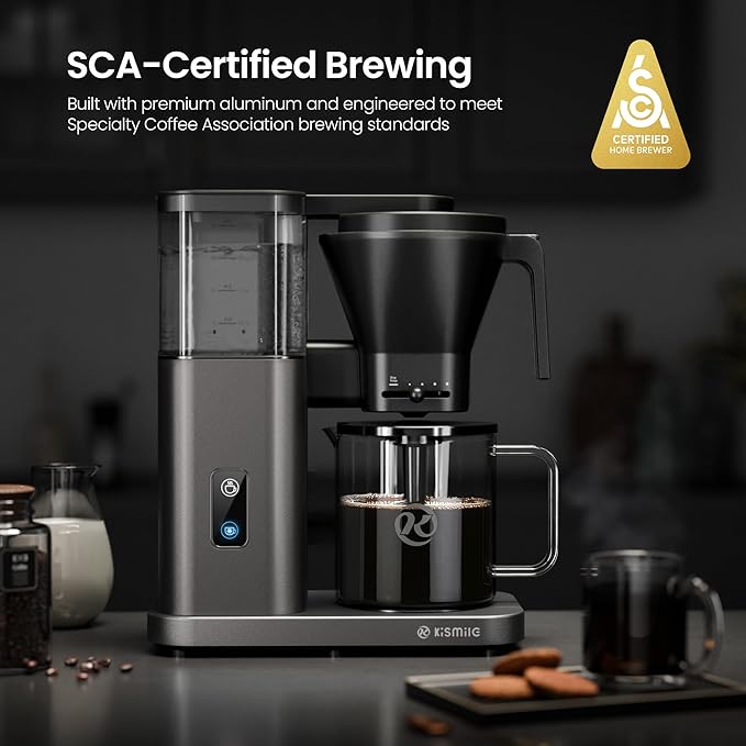 Kismile SCA-Certified 8 Cup Drip Coffee Maker Pour Over Coffee Machine with 3s Instant Heat 197–205℉ Adjustable Flow Control Removable Water Tank Deep Cold Brew &amp 40 Min Keep Warm (Light Grey)