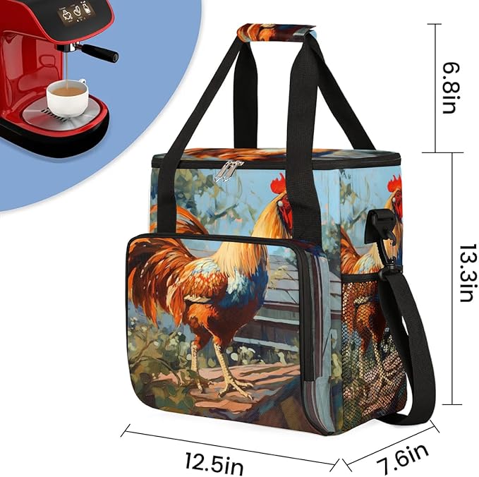 Coffee Maker Carrying Bag Oil Painting Rooster Single Cup Coffee Maker Travel Bag Compatible with Keurig K-Mini or K-Mini Plus Portable Storage Bag with Shoulder StrapAZ-205