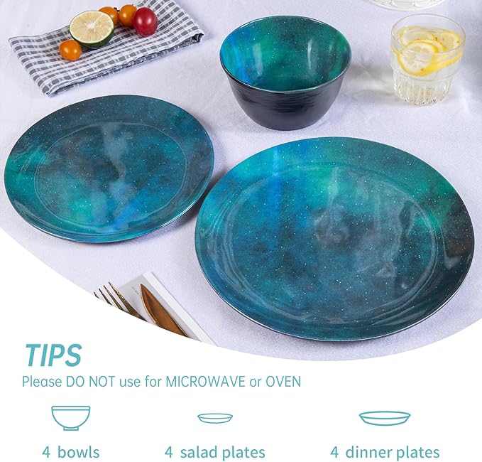 Melamine Dinnerware Sets for 4 12pcs Plates and Bowls Sets for Daily Use Dishwasher Safe BPA-free Teal Green