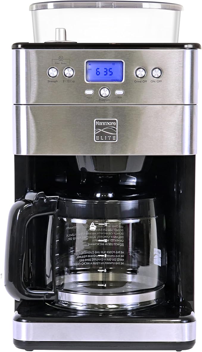 Kenmore Elite Grind and Brew Coffee Maker with Built‑In Burr Grinder Automatic Drip Machine 12‑Cup Programmable Brewer Bean‑to‑Cup Cafetera Stainless Steel Coffee Maker for Home &amp Office