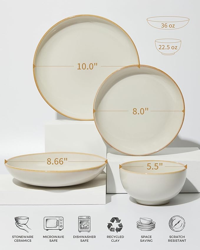 24 Piece Double Bowl Dinnerware Sets with Pasta Bowls Highly Chip and Crack Resistant Plates and Bowls Sets Natural Earthyware Ceramic Dishware Sets Service for 6 Yellow White