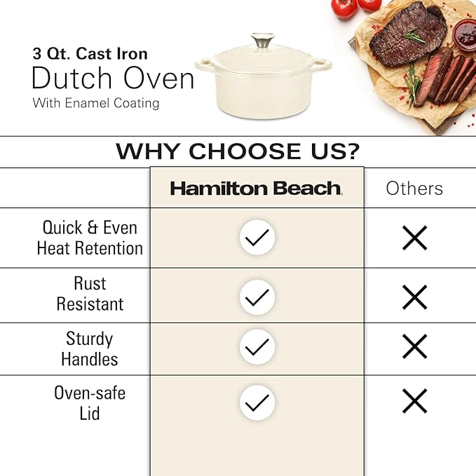 Hamilton Beach 3-Quart Enameled Cast Iron Dutch Oven Pot with Lid Cream