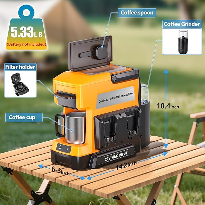 Taingwei Cordless Coffee Maker for Dewalt 20V Battery Portable Drip Coffee Maker with Electric Coffee Grinder for RV Camping Travel Car Hiking (Battery Not Included)