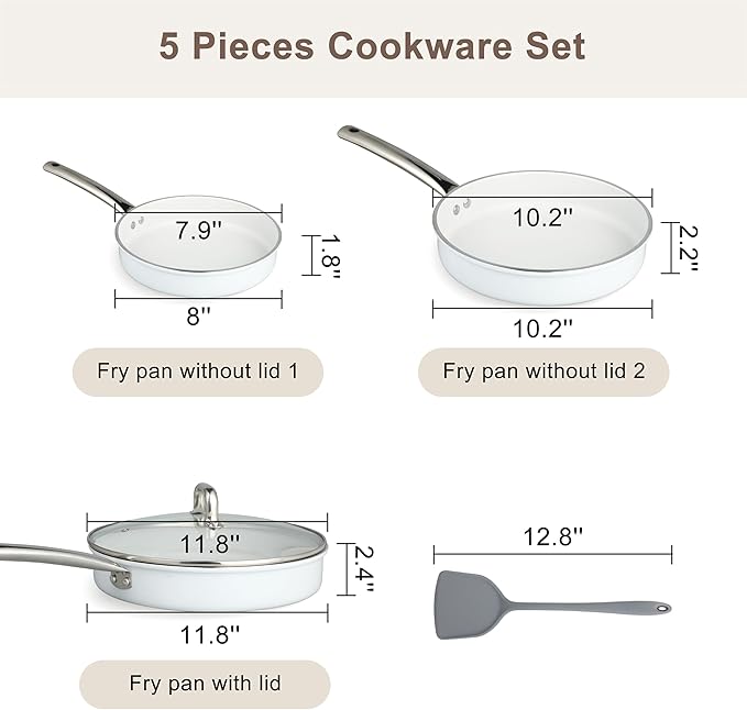 FAB&ampDELUXE 5Pcs Nonstick Cookware Set Aluminum Nonstick Pots and Pans with Glass Lids All Stovetops Compatible Non-toxic Healthy Kitchen Cooking Sets PFAS and PFOA Free