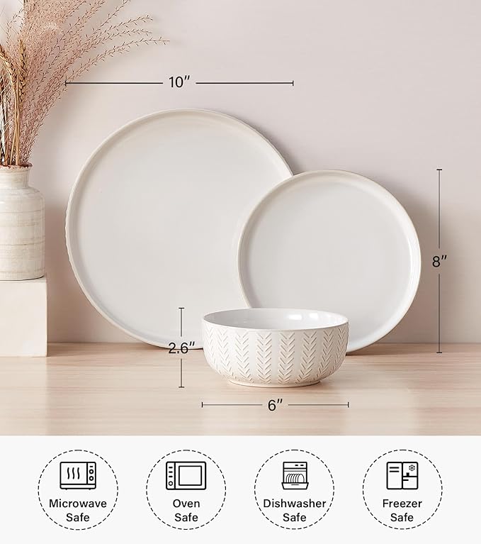 24 Piece Dinnerware Sets for 8 - Farmhouse Style Stoneware Plates and Bowls Sets - Scratch Resistant &amp Dishwasher Safe Embossed Boho Ceramic Dish Set Stack Compactly Dishware - Vintage White