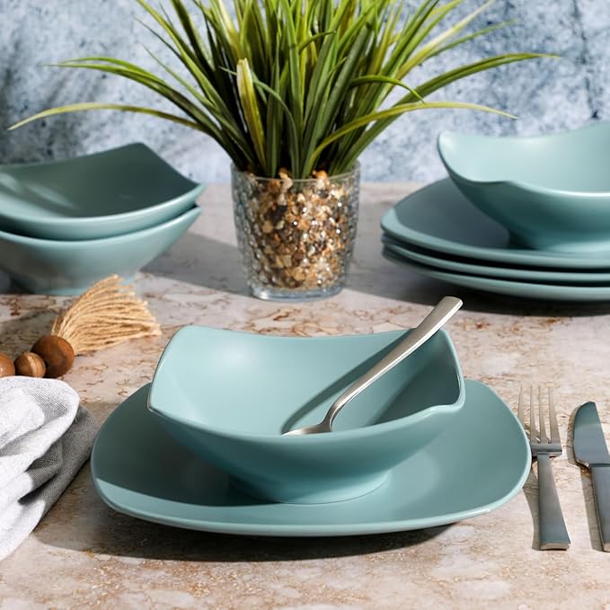 8 Piece Ceramic Dinnerware Set – Modern Matte Arctic Blue Plates and Bowls Soft Square Design Microwave &amp Dishwasher Safe (Arctic Blue)
