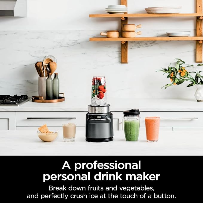 Ninja BN400 Nutri Pro Compact Personal Blender Auto-iQ Technology 1000-Watts for Frozen Drinks Smoothies Sauces &amp More with 18-oz. &amp 24-oz. To-Go Cups &amp Spout Lids Stone Silver (Ren