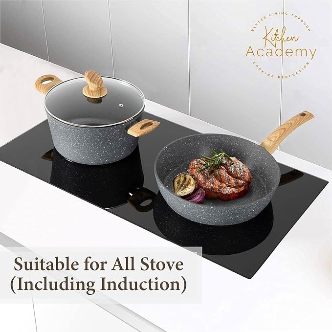 Kitchen Academy 12-Piece Induction Cookware Set - Gray Granite Nonstick Pots and Pans for Effortless Cooking