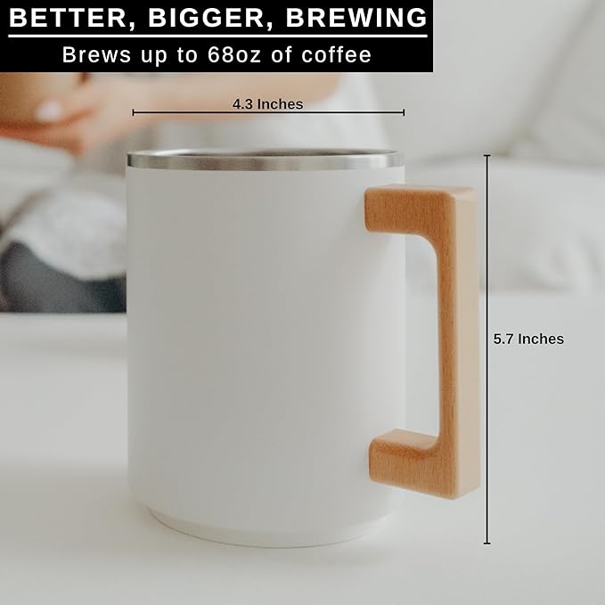 HASTINGS Pour Over Coffee Dripper - Stainless Steel Pour Over Coffee Filter Metal Paperless Reusable Double Mesh Cone Filter with Wood Handle - Coffee Maker for Single Cup Brew up to 68 OZ (White)