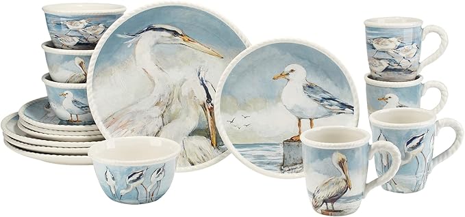 Unknown1 16-Piece Dinnerware Set Service for 4 Blue Multi Color Off/White Coastal Casual Farmhouse Round Ceramic 16 Piece Dishwasher Safe Microwave