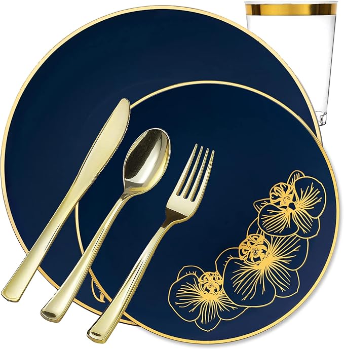 Nicole Fantini's Elegant Orchard Collection Party Dinner Sets: Economical Stylish Navy Blue &amp Gold Party Serving for 50 Person: 300 Pieces
