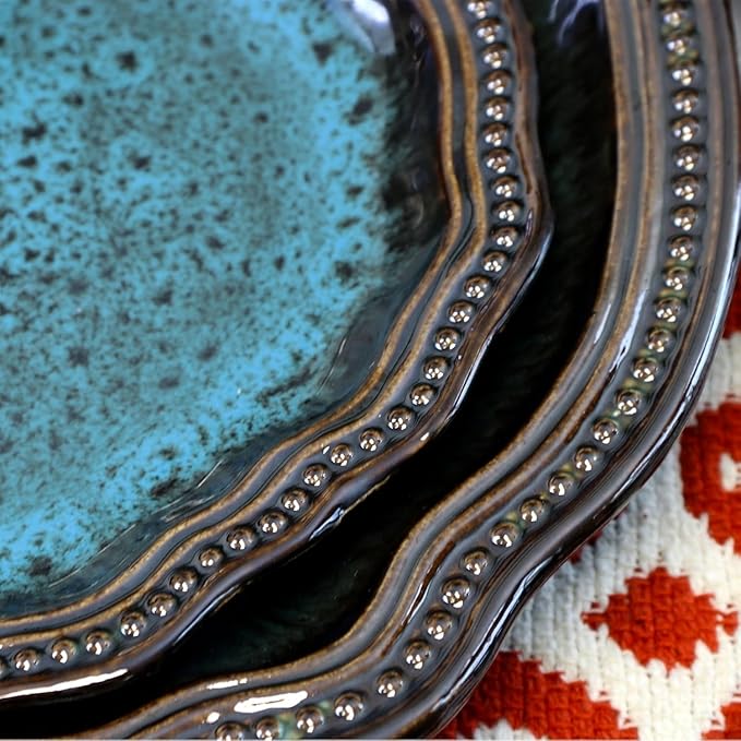 16-Piece Stoneware Dinnerware Set – Textured Rim Plates Matte-Finish Bowls &amp High-Gloss Mugs Dishwasher &amp Microwave Safe